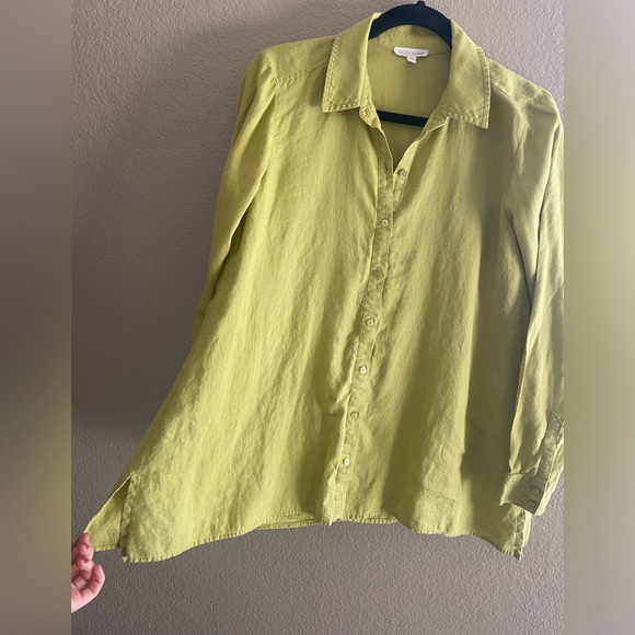 Eileen Fisher Organic Irish Linen Bright Yellow Green Button Down Shirt, XS - Picture 6 of 12
